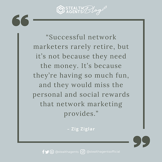 An image for network marketing quotes. “Successful network marketers rarely retire, but it’s not because they need the money. It’s because they’re having so much fun, and they would miss the personal and social rewards that network marketing provides.” - Zig Ziglar