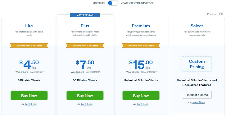 A screenshot of freshbooks pricing plan
